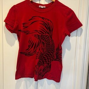 Lucky Brand Red T-Shirt w/Black Koi Fish Design. Size small but fits like a XS